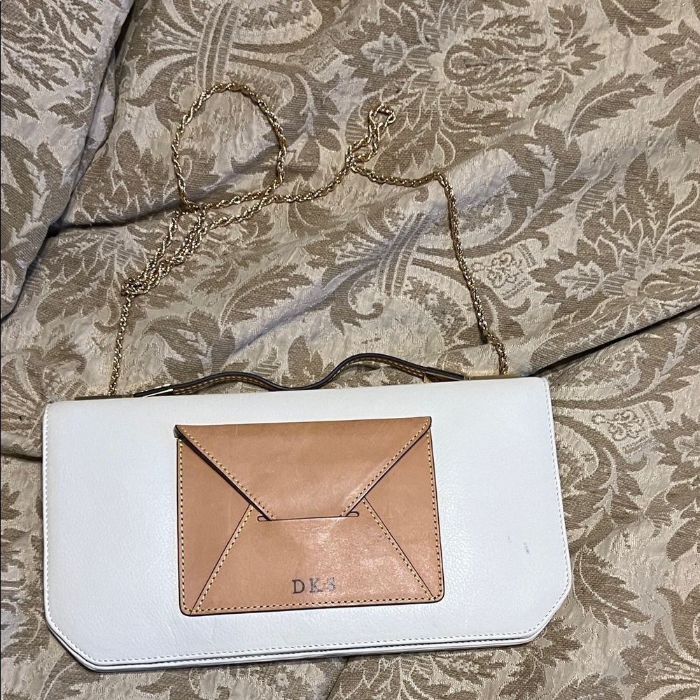 Etienne Aigner White and Tan Clutch with Gold Chain